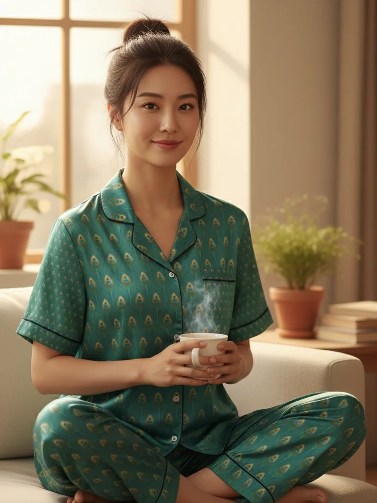 The Luminous Plume — Elegant Peacock Feather Pajama Top product image (7)