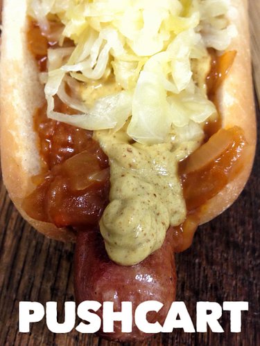 A New York style classic!  The Pushcart has @sabrett onions in sauce, kraut and brown mustard on our premium beef frank!