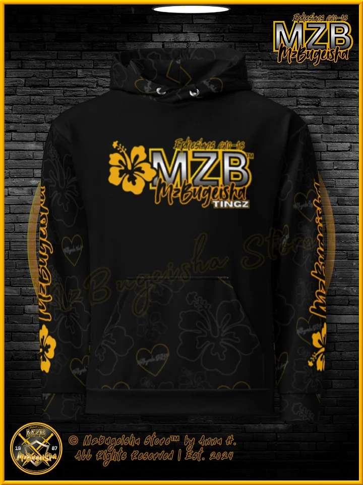 Hoodie - MzBugeisha™ "MZB Tingz™ Logo [V1] (hibiscus/blk/yellow)" [AOP] Hoodie By Anna H. product image (1)