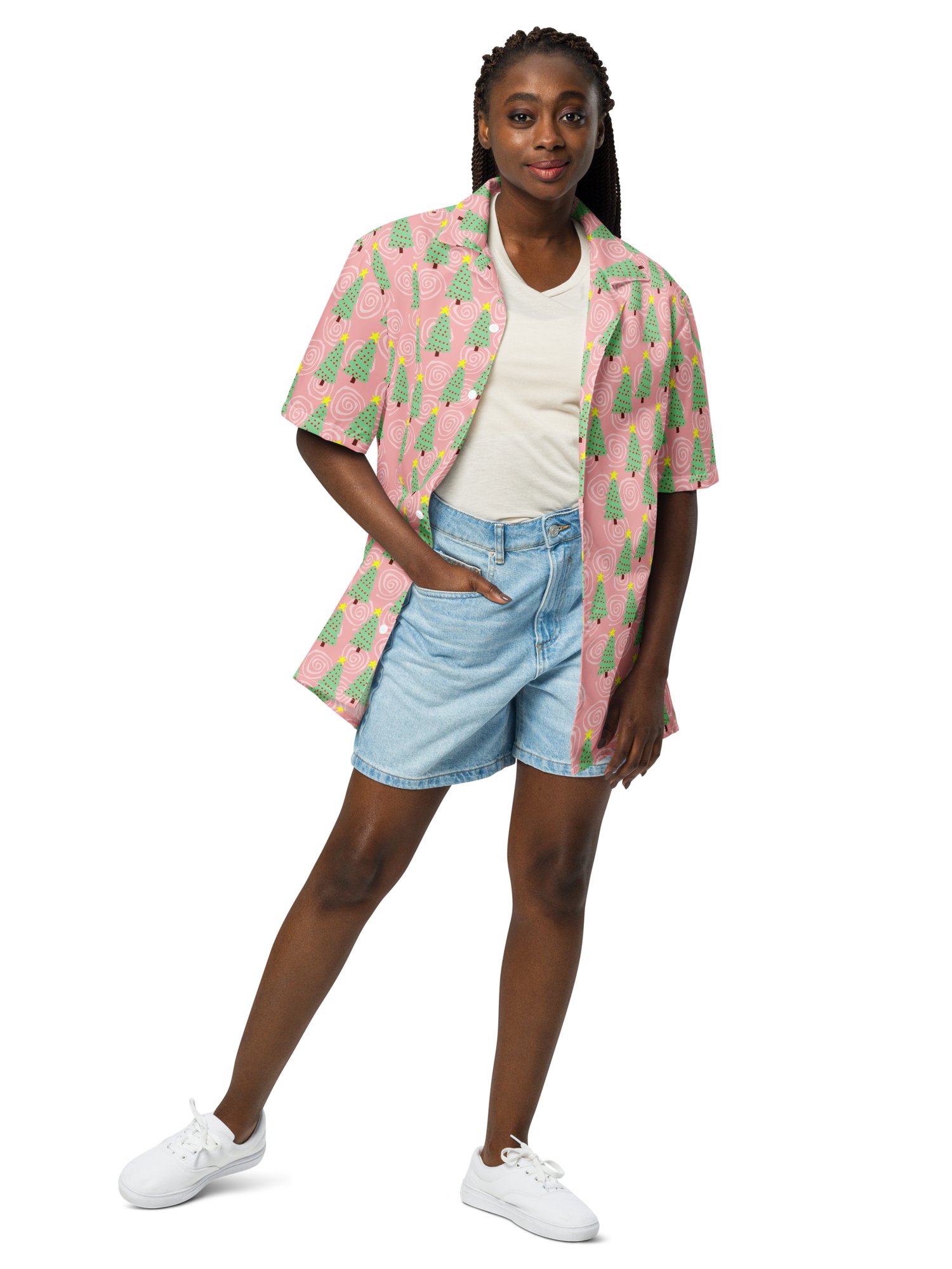 Mint Green Christmas Trees on Pink Oversized Button Down Shirt product image (6)
