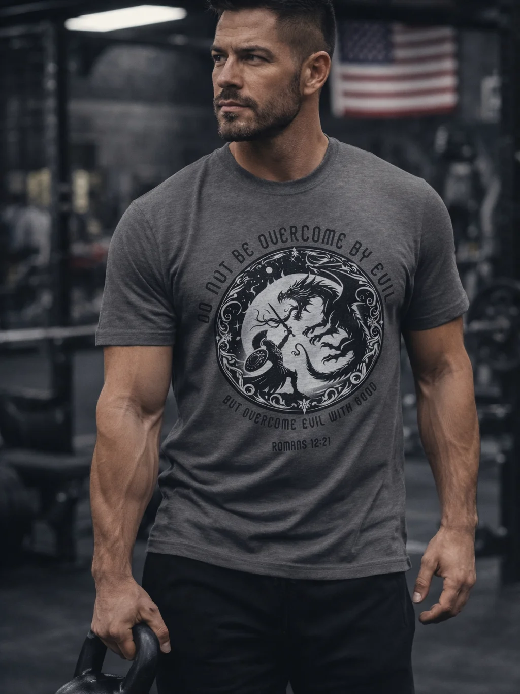 Overcome Evil T-Shirt, Christian Soldier Knight in Armor Battling Dragon Men's Design Tee product image (37)