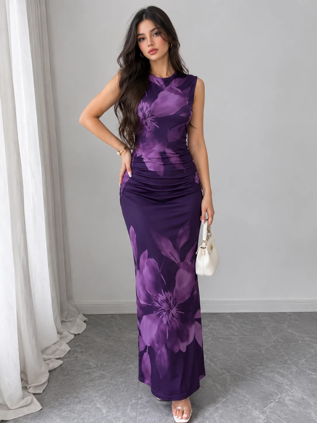 Elenzga Sleeveless Round Neck Simple Elegant Women's Floral Printed Dress, Suitable For Vacation product image (4)