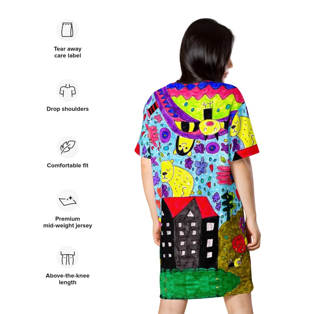 Abstract Vibrant Doodle Characters Ladies T Shirt Dress product image (11)