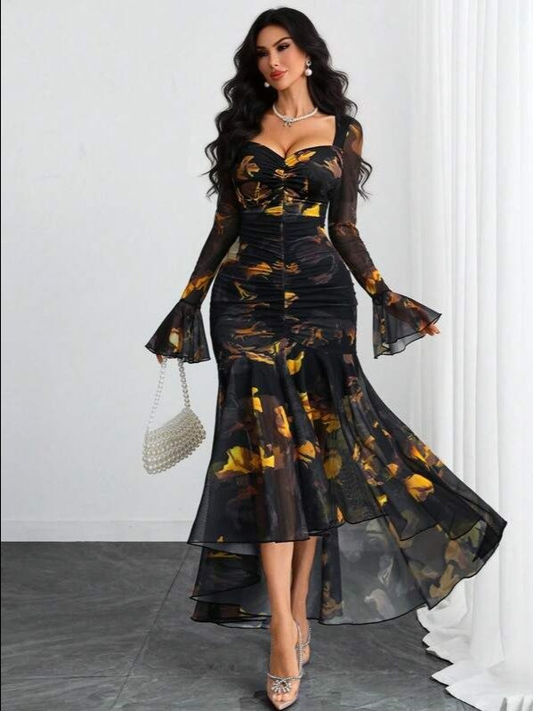 Women's Elegant French Romantic Sexy Double-Layer Petal Sleeve Waist Cinched Asymmetric Mesh Lace Hem Dress Vacation Spring product image (4)
