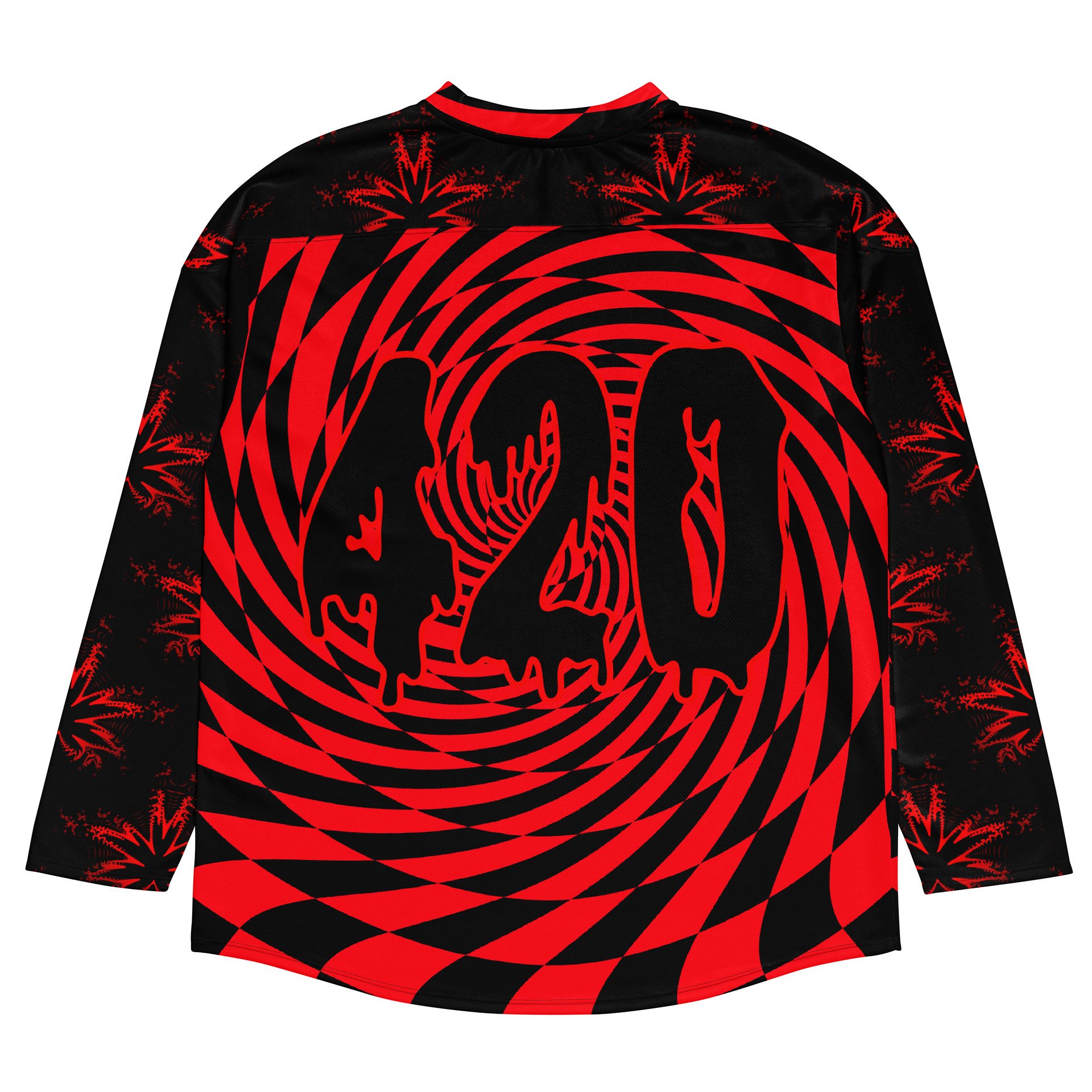 420 EDM Hockey Jersey, Black Red Cannabis Rave Shirt, Stoner Festival Fashion, Psychedelic Pot Leaf Clothes, Trippy Checkers Swirl Weed Top product image (2)