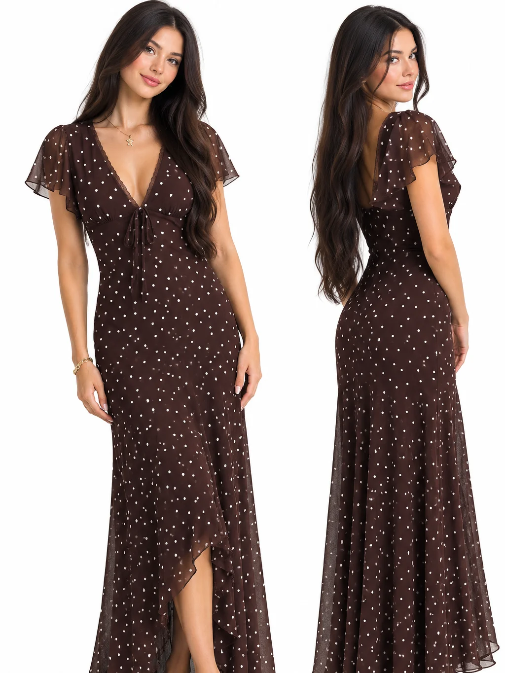 Poéselle Women's Vintage Polka Dot Maxi Dress For Women –Flutter Sleeve V-Neck Summer Boho Flowy Wrap Dress Summer Dresses Festival Outfits Wedding Guest Dress product image (2)