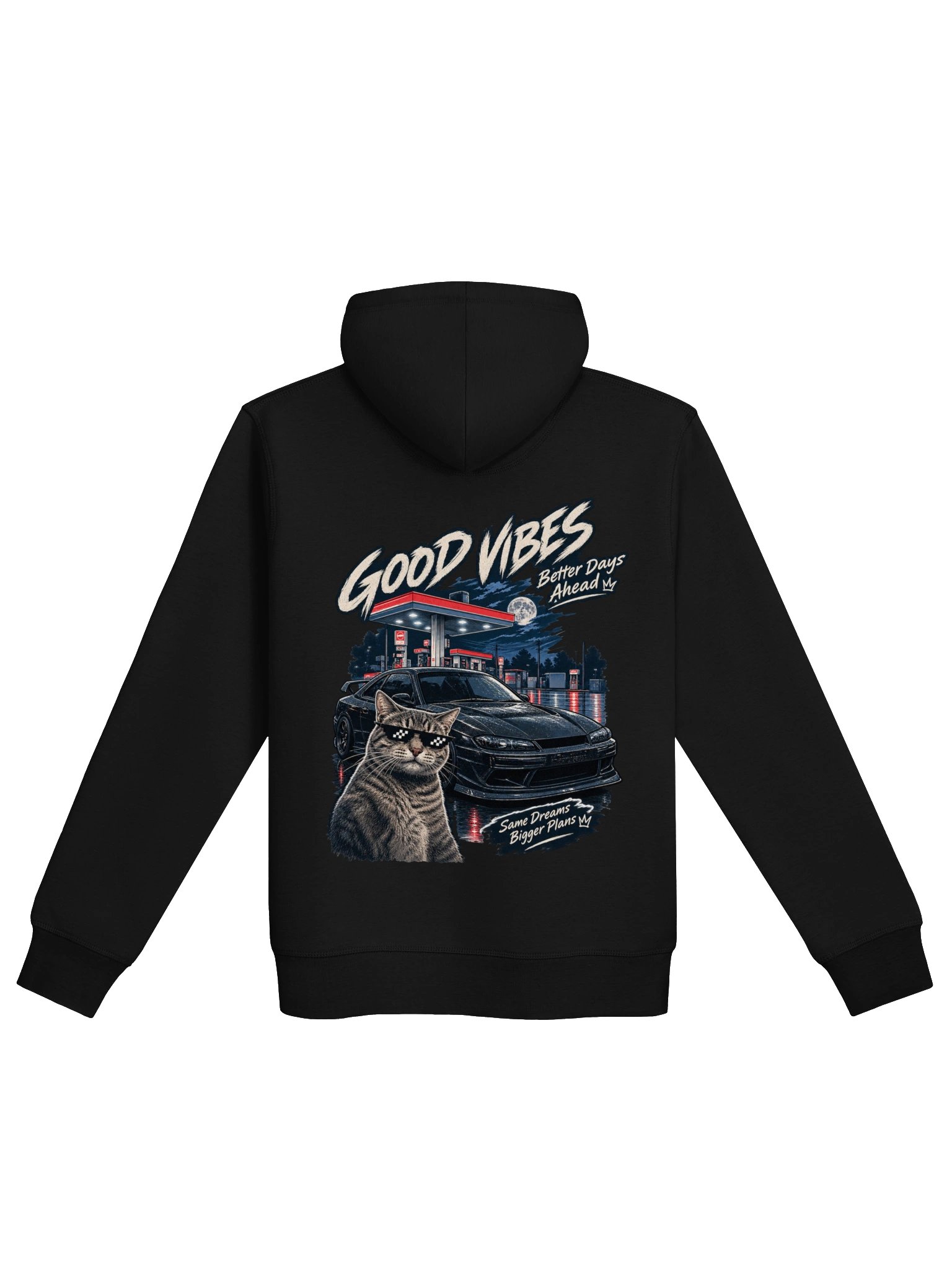 Good Vibes Cat Hoodie – Retro Streetwear Sports Car Design product image (1)