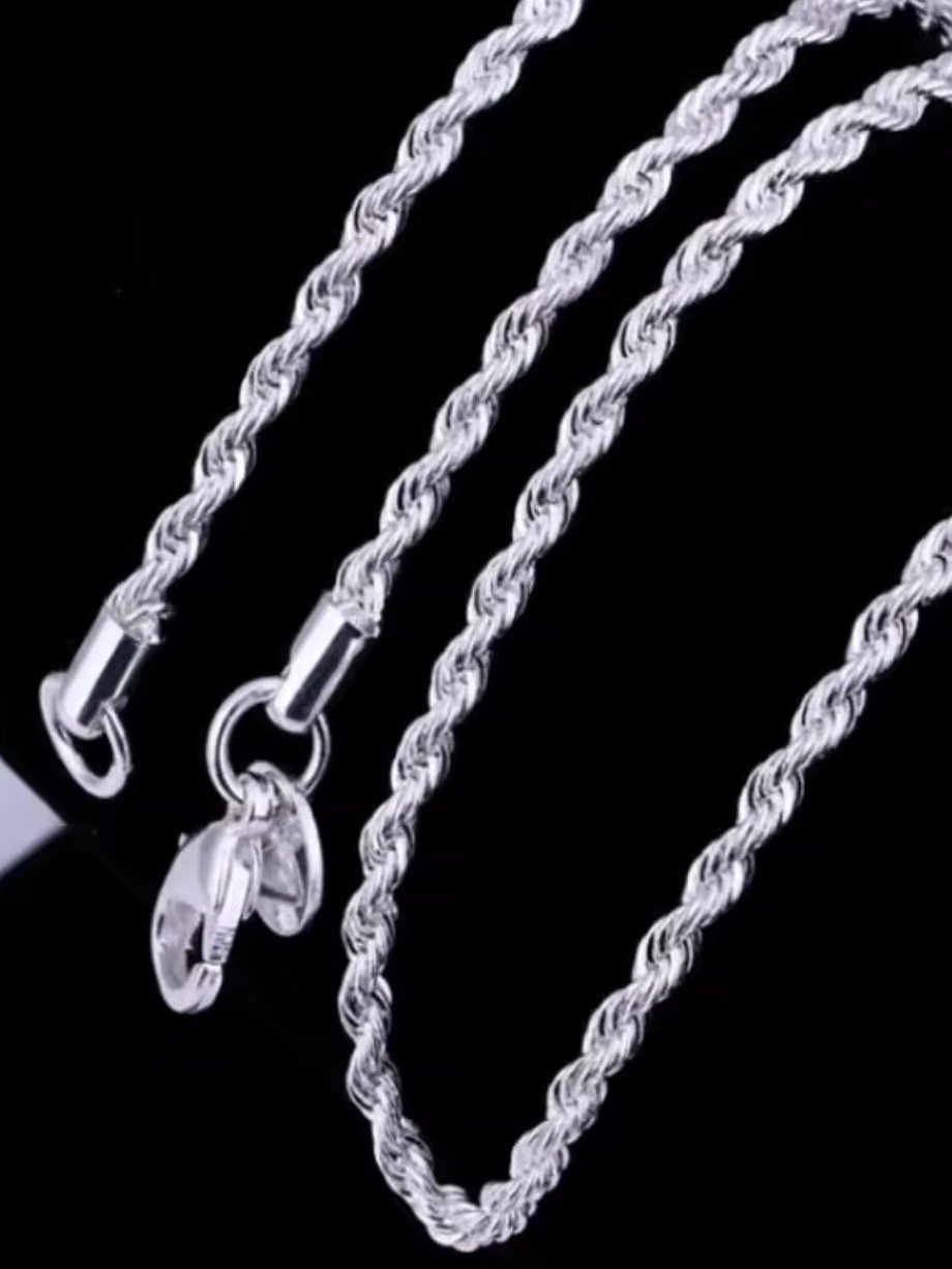 2pcs Silver Plated Necklace Bracelet For Men And Women Simple Hip Hop Style 4mm Twisted Twist Rope Iron Chain With Copper Lobste product image (4)