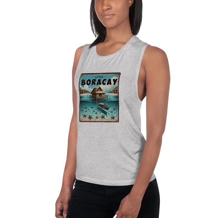 LITTLE BORACAY Womens FLOWY TANK TOP, FLOATING COTTAGE BALSA AND FILIPINO BOAT BANGKA WITH STARFISH, CALATAGAN BATANGAS product image (2)
