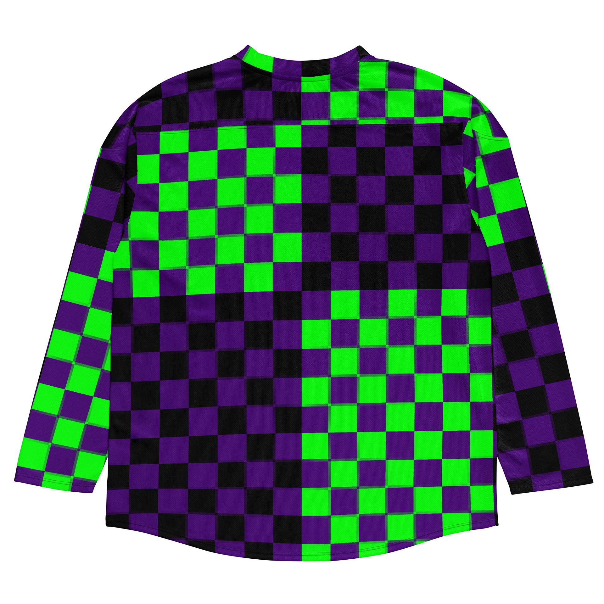 Rave Recycled Hockey Jersey, Twisted Checkers Clowncore Clothing, Silly Circus Style Fun Festival Top, Neon Green Purple Black Odd EDM Shirt product image (5)