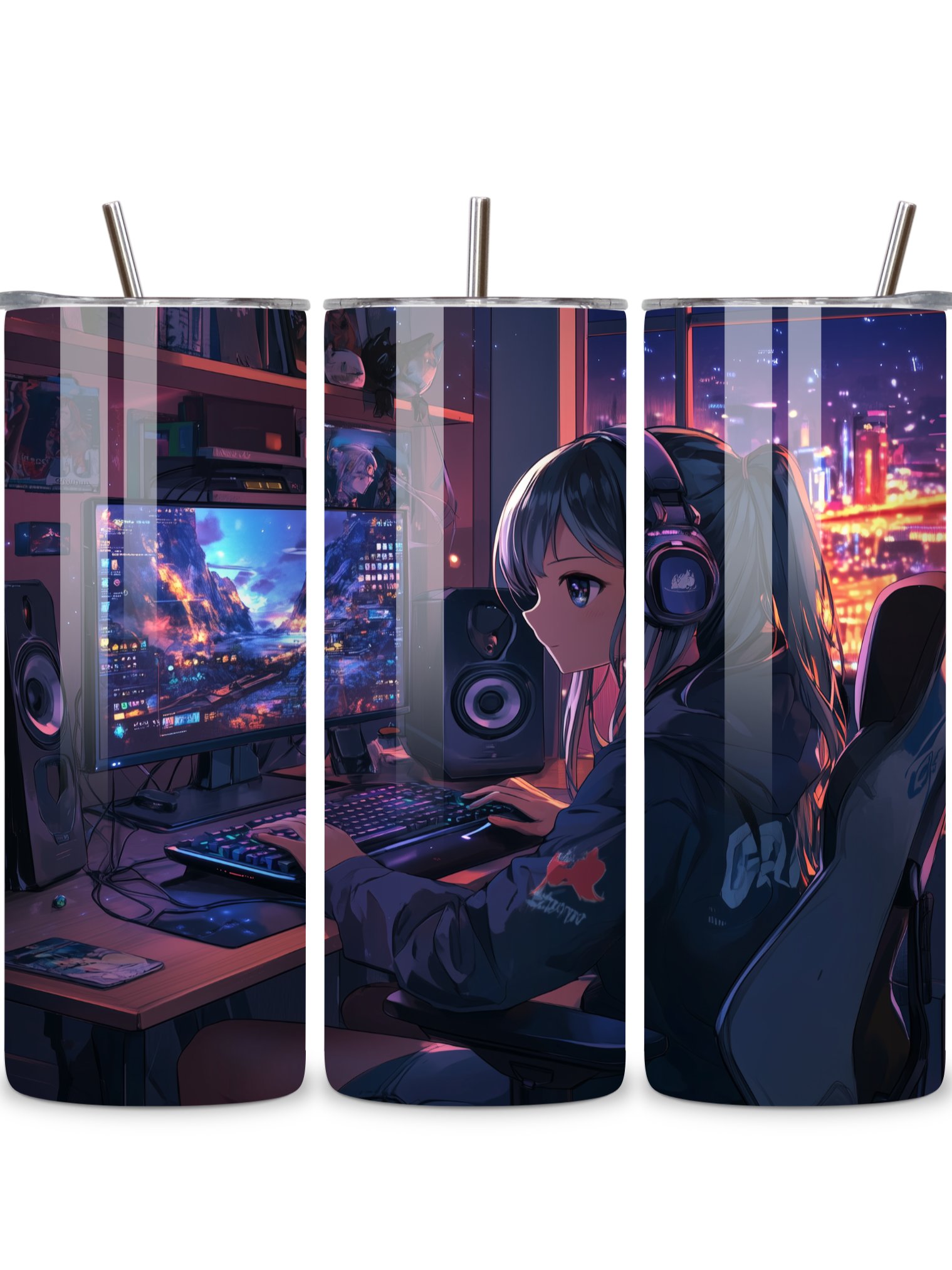 Anime Gamer Girl 20oz Skinny Tumbler with Metal Straw – Vibrant Gaming Setup Design – Double-Walled Insulated Stainless Steel Tumbler Gift for Anime and Gaming Fans (Anime Girl 3) product image (5)