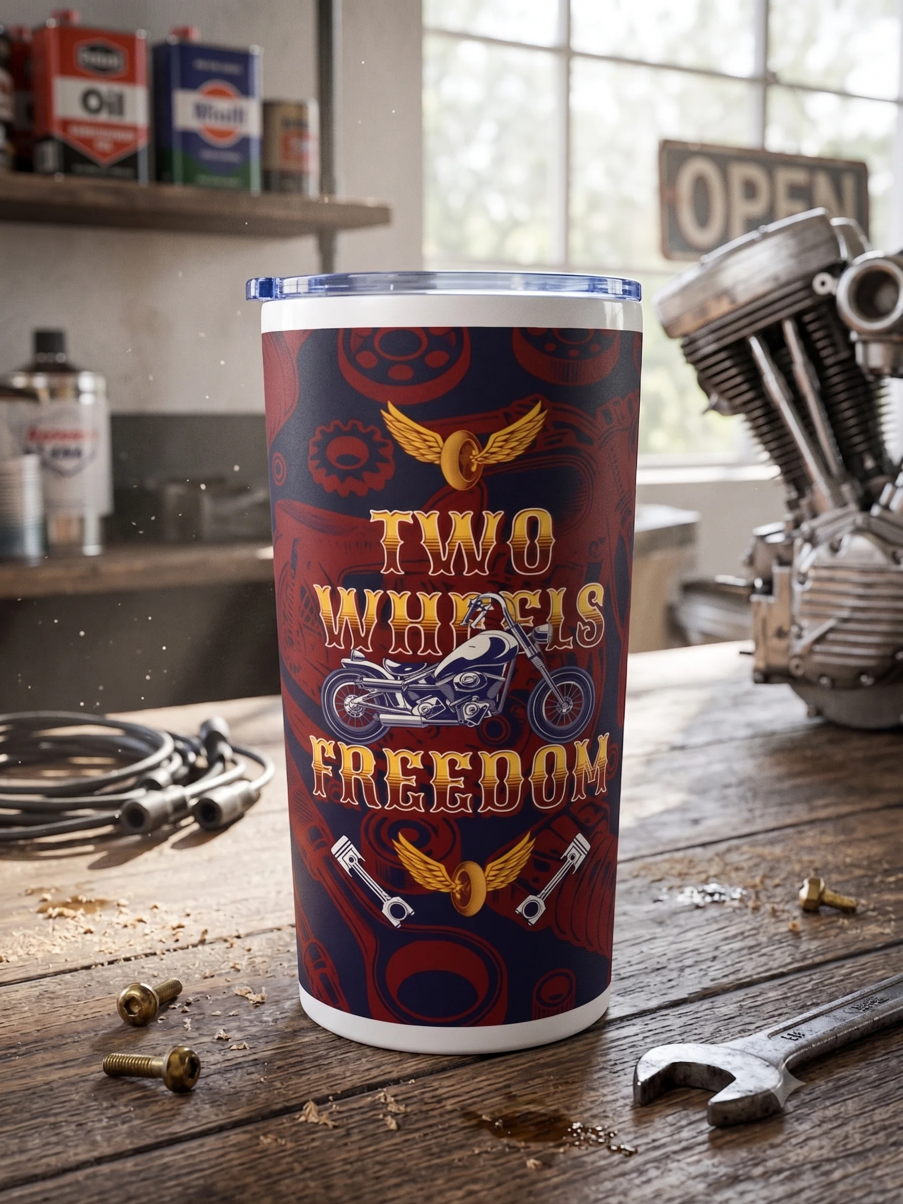 20oz Stainless Steel Tumbler with Lid - Two Wheels Freedom Vintage Motorcycle Design, Double-Wall Vacuum Insulated Biker Travel Cup by BoldPixel product image (2)