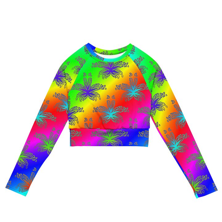 Reefer Rainbow Rave Recycled Long-Sleeve Crop Top, 420 Festival Fashion, Summer Stoner Shirt, Cannabis Queer Pride LGBTQIA+ Art Clothing product image (1)