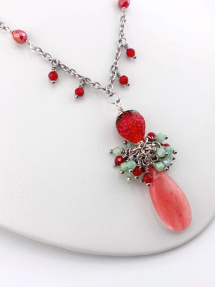 Lampwork Strawberry, Cherry Quartz Beaded Cluster Pendant Necklace Set product image (1)
