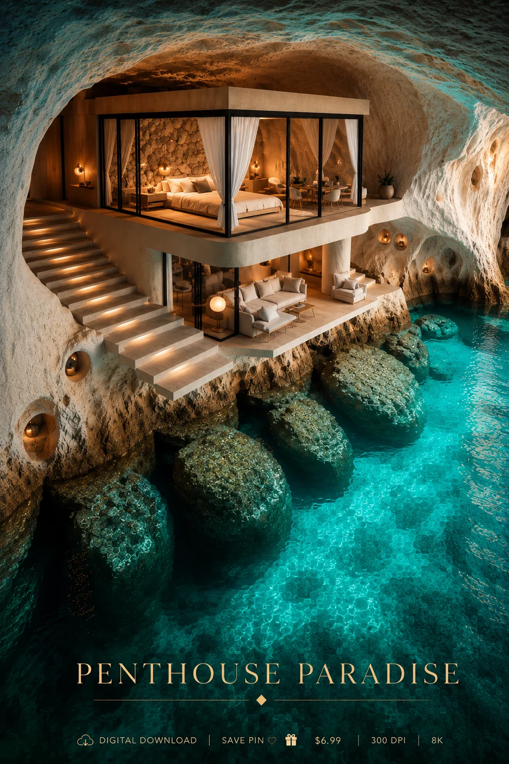 Penthouse Paradise Luxe Cave Home Wall Art | Turquoise Ocean | 8K Printable Digital Download JPEG product image (1)