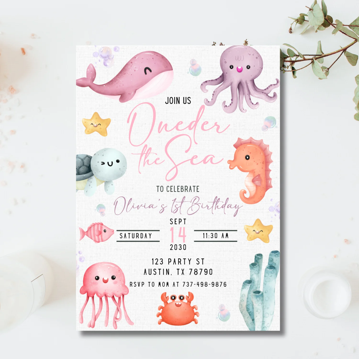 Oneder the Sea Birthday Invitation | Girl 1st Birthday Party Under the Sea | Editable Canva Template | Ocean Mermaid Sea Animals Theme product image (4)