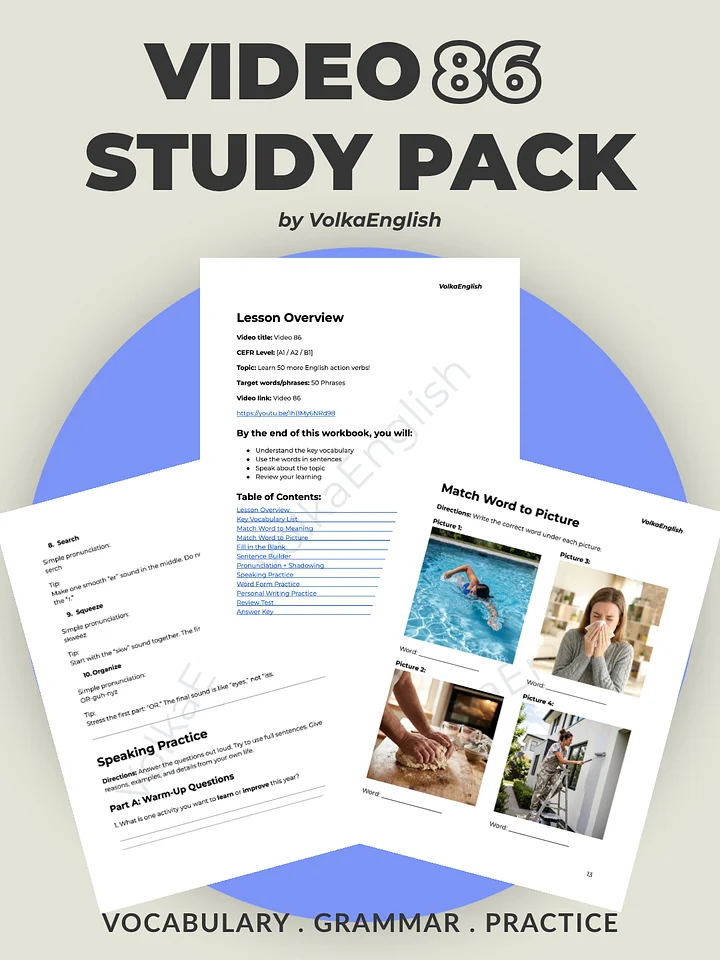 LEARN 50 English Action Verbs Through Real Actions | Comprehensible Input - Video 86 Study Pack product image (1)
