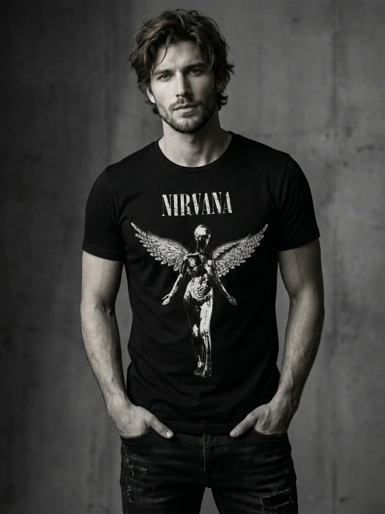 Nirvana In Utero Angel T-Shirt | Winged Figure Monochrome Graphic Tee | Kurt Cobain 90s Grunge Collector Band Shirt product image (1)