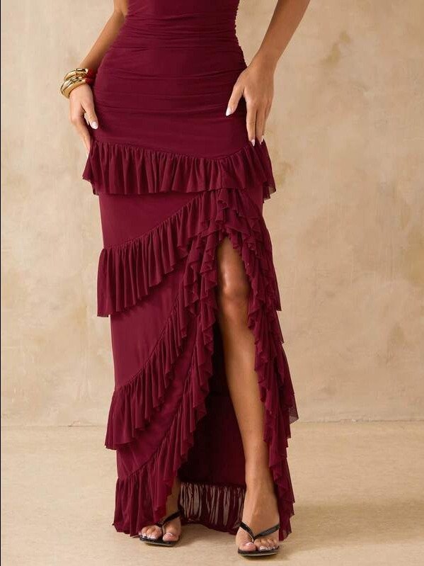 Women's Solid Color Wine Red High Slit Backless Ruffle Hem Mesh Dress, Suitable For Beach Vacation, Date, Brunch, Wedding Guest Wear, Spring/Summer Party Dresses For Women product image (3)