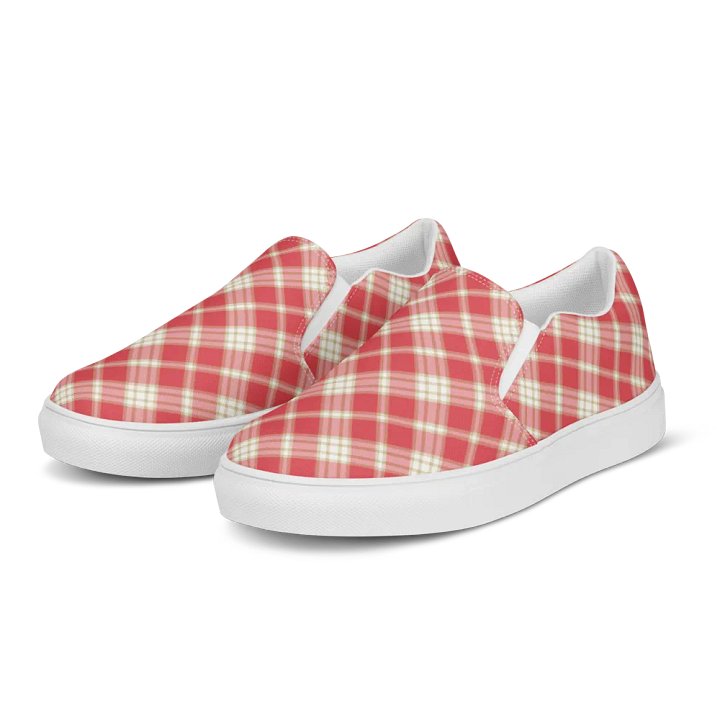 Coral Pink Plaid Men's Slip-On Shoes product image (2)