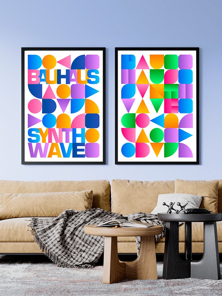Synthwave Bauhaus Rainbow poster #2 (pink-blue-yellow) — abstract poster, retrowave print, vaporwave geometric art, 1980s print, 1930s decor product image (2)