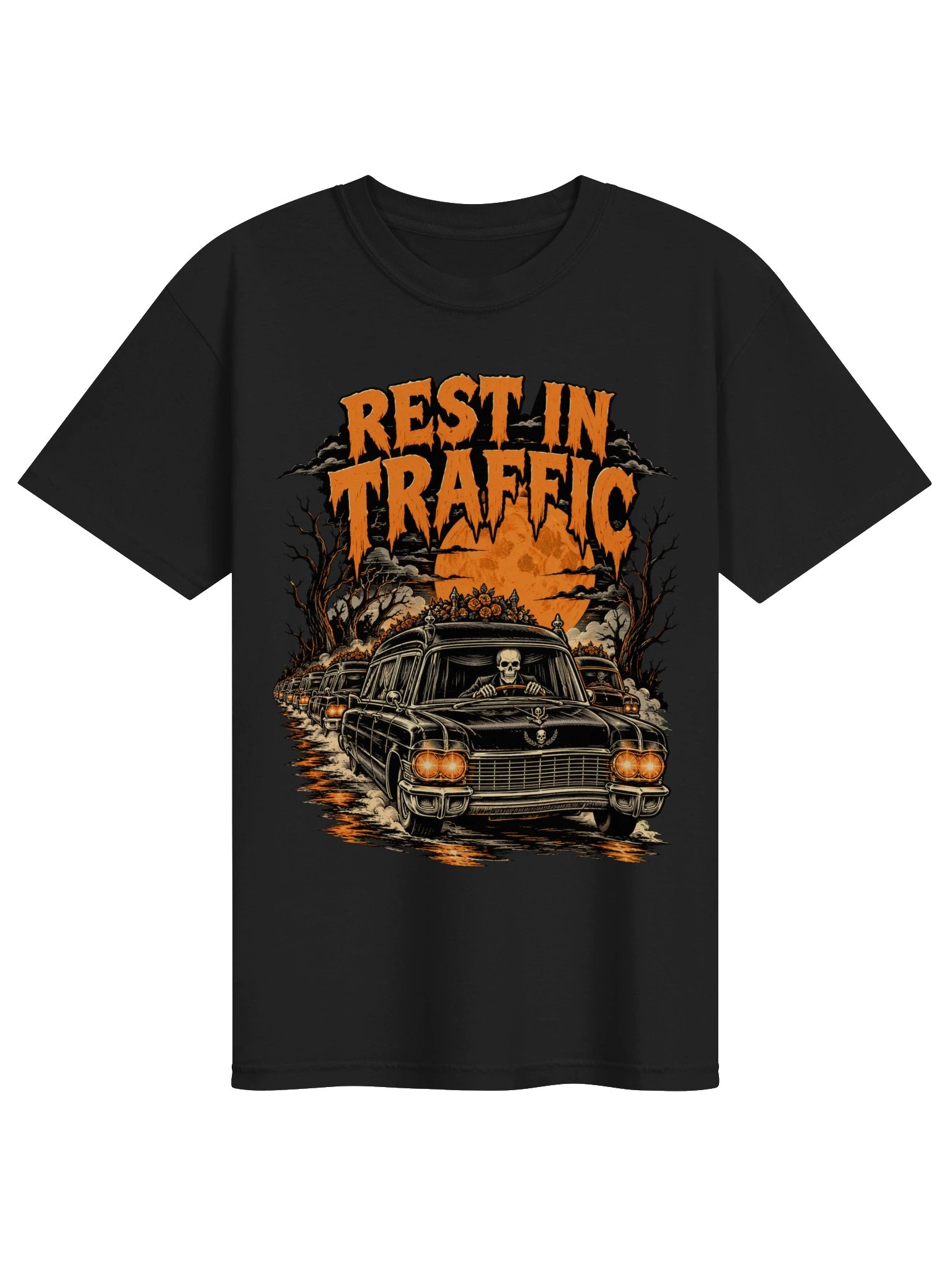 Rest in Traffic — Halloween Skeleton Hearse T-Shirt product image (1)