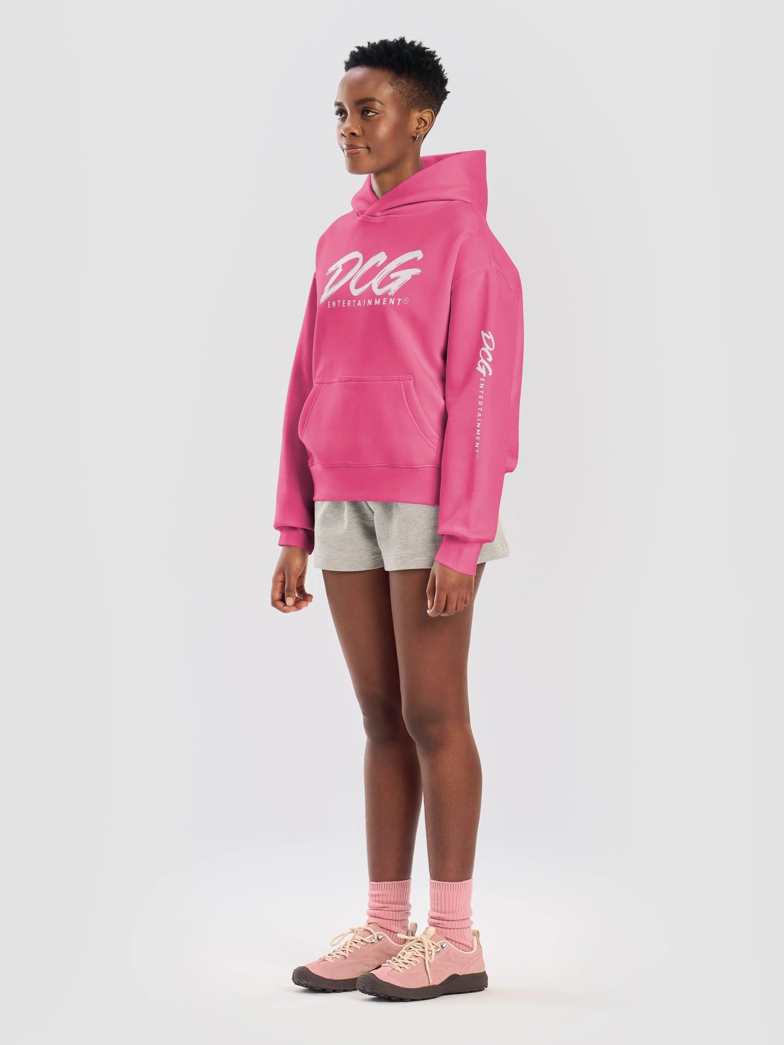DCG Signature Women’s Relaxed Hoodie – White Logo on Pink product image (7)