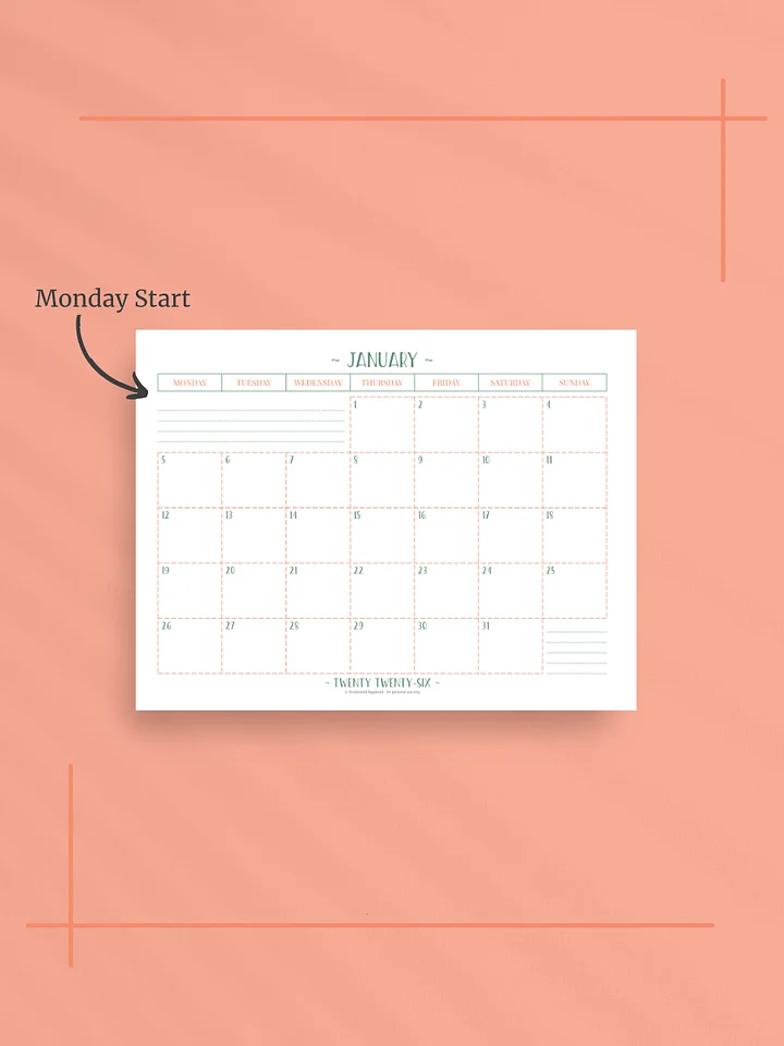 Peachy Green 2026 Calendar - Single Page per Month, Monday Start, Letter Size product image (2)