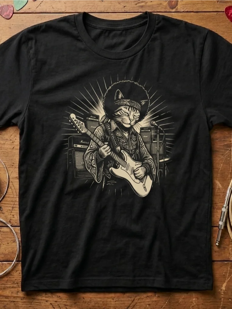 All Along the Scratchtower - Hendrix Cat Guitar T-Shirt | Funny Rock Music Guitar Tee product image (1)