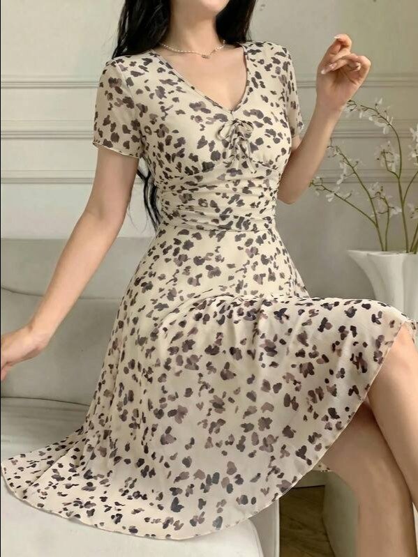 Feyla ADLEST Women's Front Tie Full Print V-Neck Short Sleeve Mini Dress product image (2)