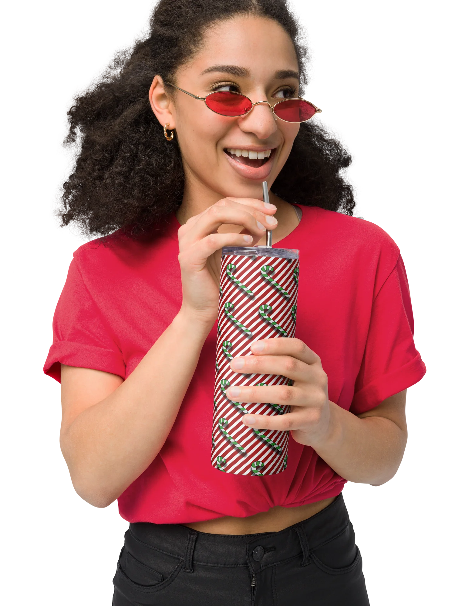 Green Candy Canes on Red Stipe Stainless Steel Tumbler with Straw product image (7)