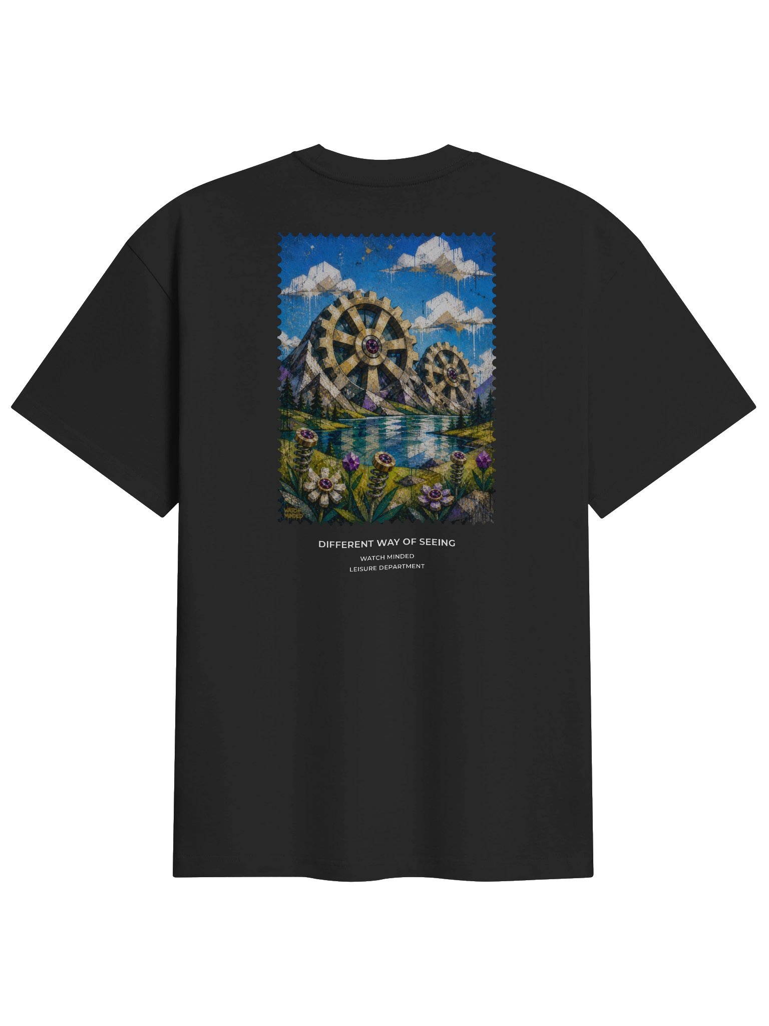 Relaxed Fit Heavy Cotton "Clockwork Mountains" T-Shirt, Black product image (3)
