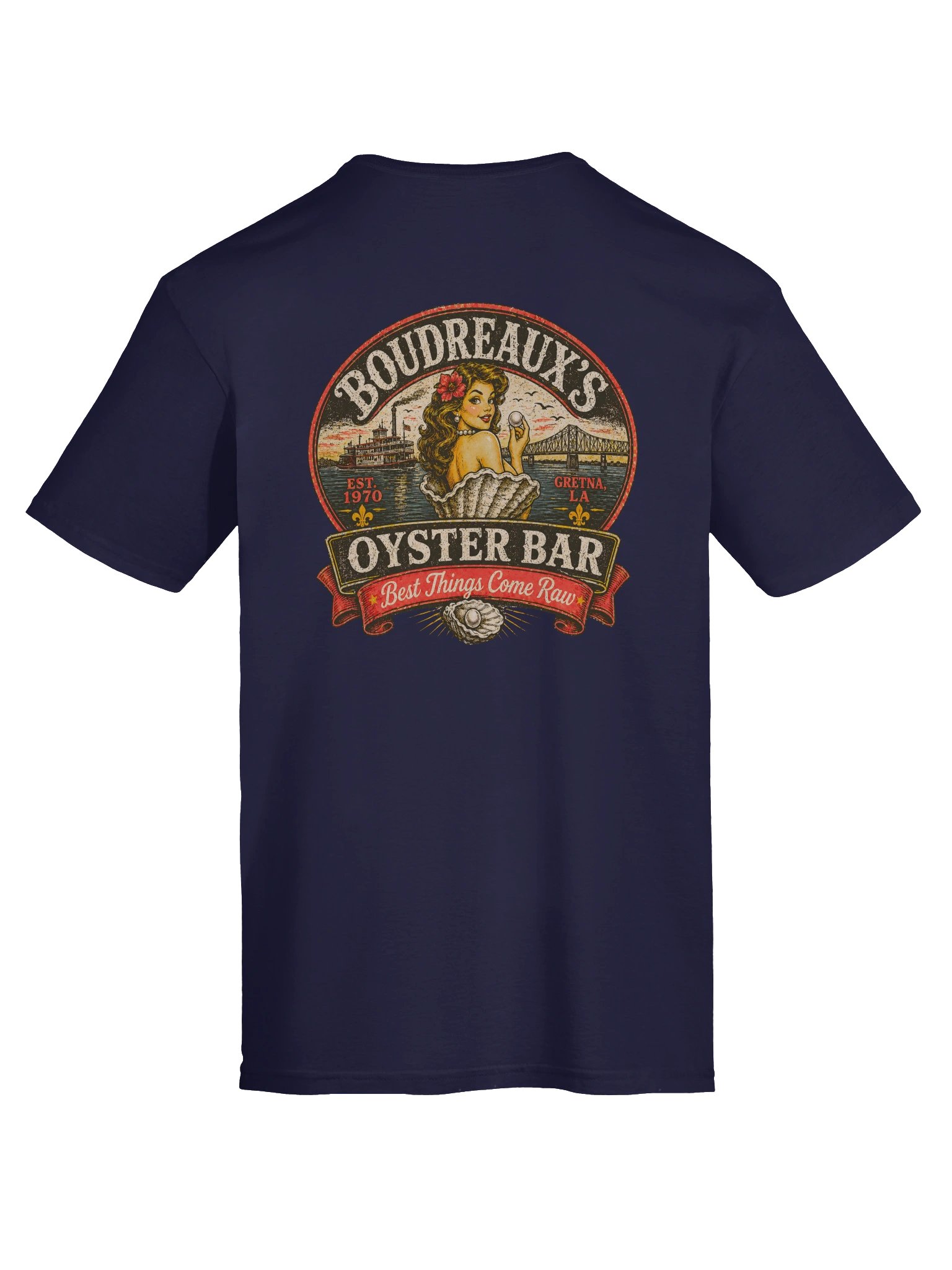 Boudreaux’s Oyster Bar Vintage Tee – Gretna LA Retro Pin-Up Seafood Shirt | Best Things Come Raw product image (25)