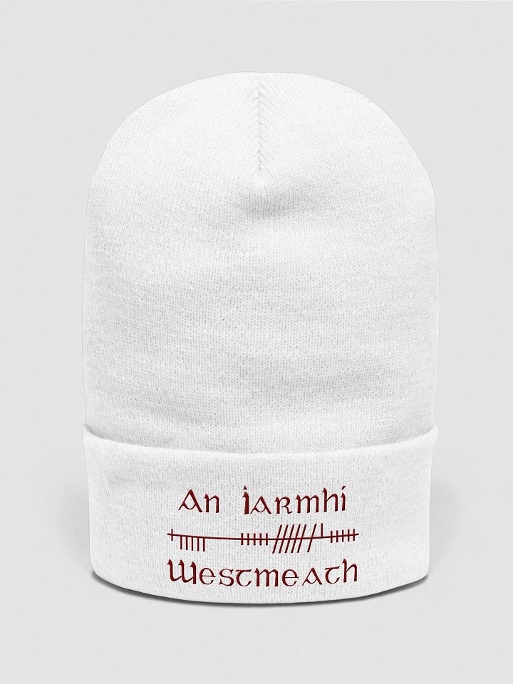 Westmeath/An Iarmhí Orthodox style Ogham, white with maroon, embroidered Cuffed Beanie product image (1)