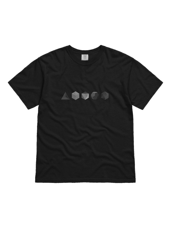 Minimalist geometry meets timeless style in this sleek black t-shirt, featuring the 5 Platonic Solids in solid grey product image (1)
