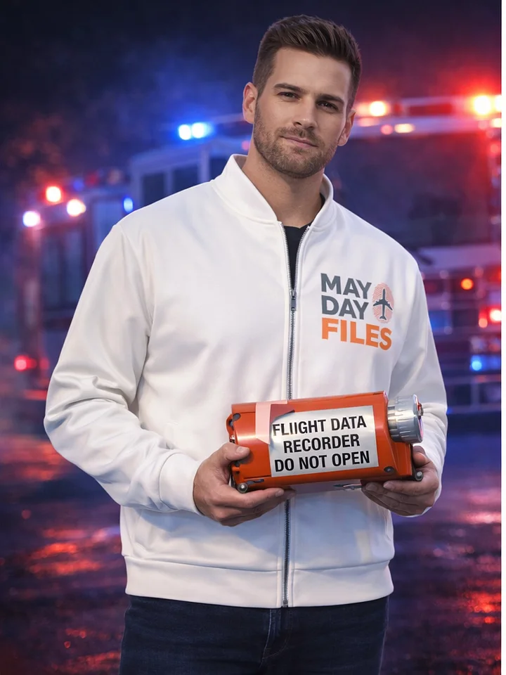 Fliegerjacke Unisex mit MaydayFile Logo und orangen Investigator-Schriftzug product image (2)