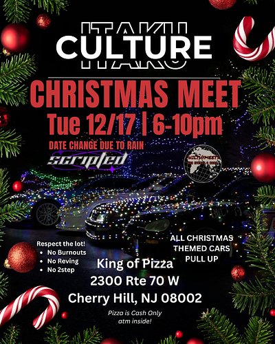 Date changed to Tuesday 12/17!!!! 

YEP CHRISTMAS, CARS, & PIZZA 😮‍💨 Pull up to Itaku Culture's first Christmas Car Meet with...