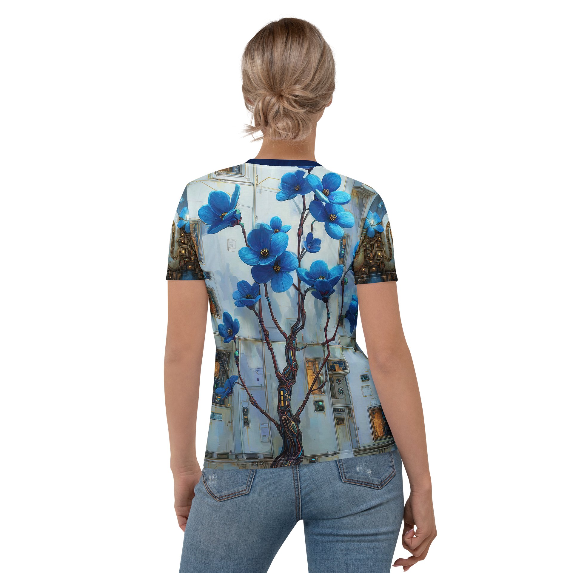 Vitruvian Custodian — Techno-Classical Relic Portrait T-Shirt | Ancient Circuit Figure in Blue & Stone product image (3)