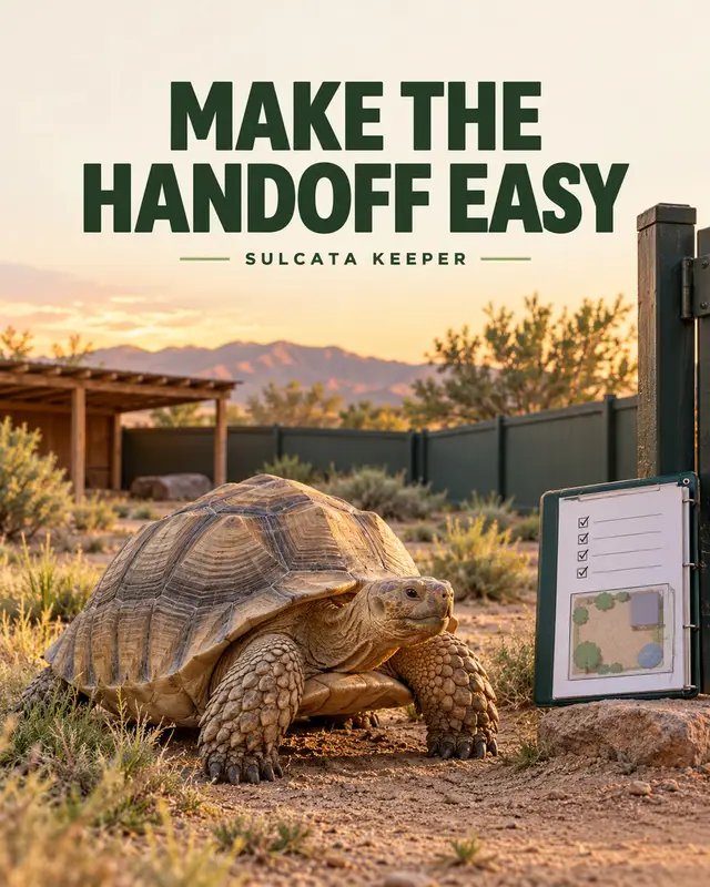 Could a trusted caregiver follow your sulcata’s routine if you were unexpectedly away? Keep a current handoff sheet with the enclosure map, gate and latch check, daily food and water routine, shelter and equipment notes, your reptile veterinarian’s contact information, and the name of a backup decision-maker. Walk through it together before you need it. Store private addresses, access codes, and medical records securely rather than posting them publicly. A clear handoff protects the routine you have built and makes missed checks less likely. More practical keeper tools: https://www.sulcatakeeper.com #SulcataKeeper #TortoiseCare #CarePlanning