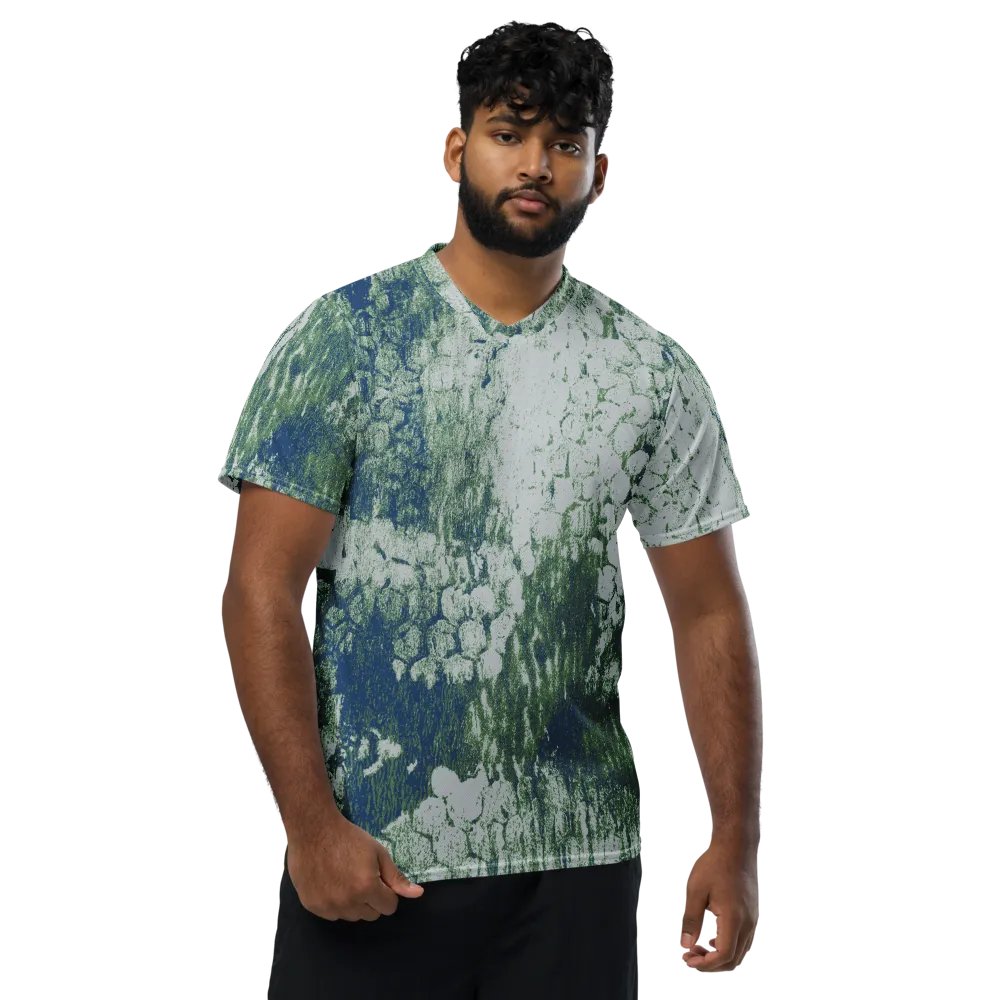 Honeycomb Grunge Unisex T-shirt in Mossy Green and Deep Blue on Bright Sand product image (4)