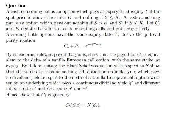 TD - Cash-or-nothing puts and calls, payoff diagrams and the Black-Scholes equation-Solution product image (1)