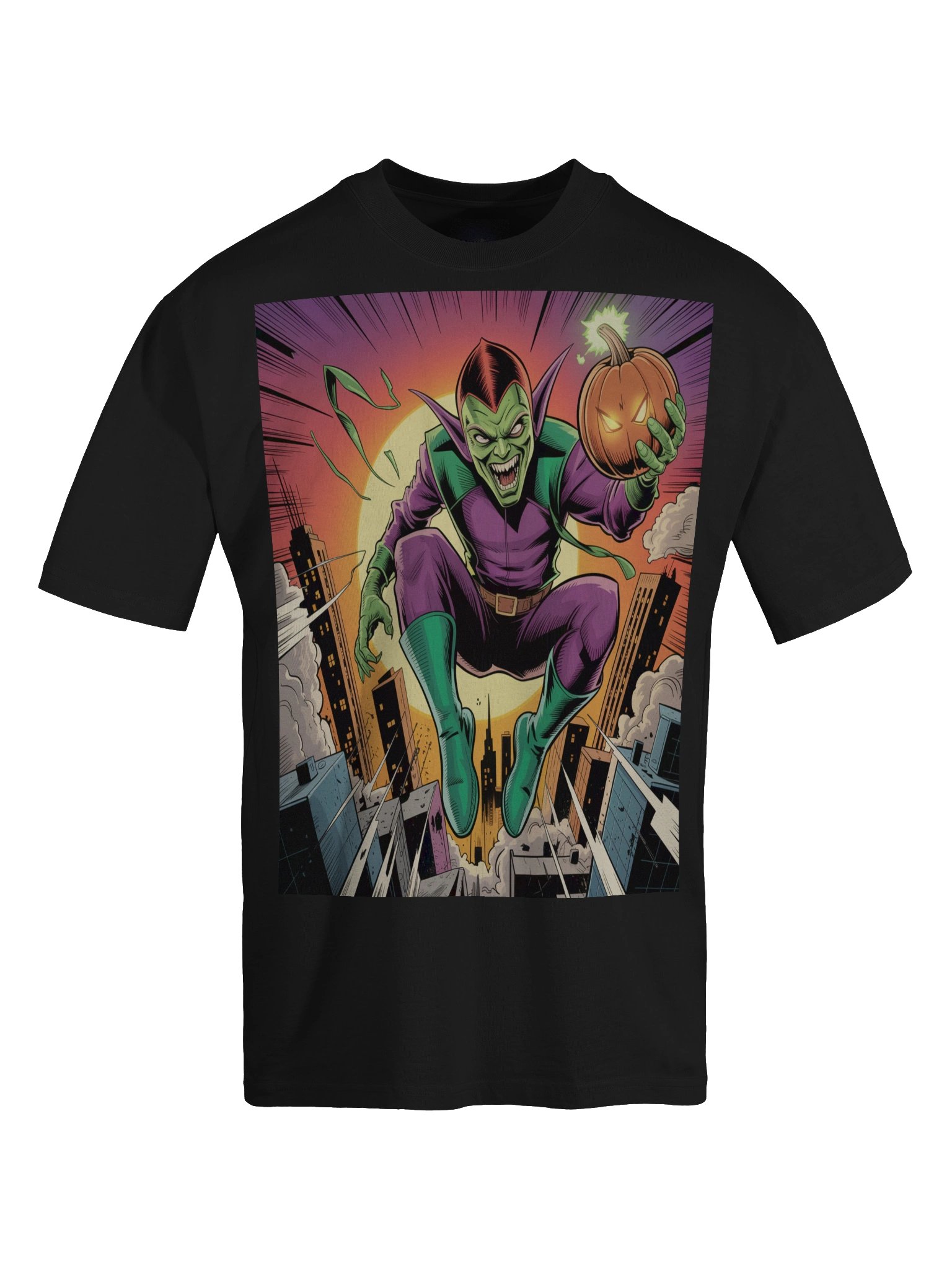 Green Goblin Sunset Siege Oversized Faded T-Shirt – Pumpkin Bomb Twilight Terror product image (1)