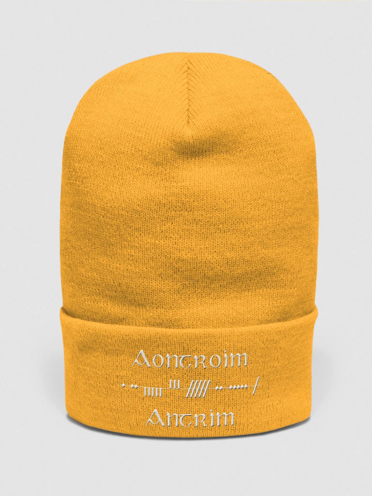 Aontroim/Antrim, Scholastic Style Ogham, Saffron with white, embroidered Cuffed Beanie product image (1)