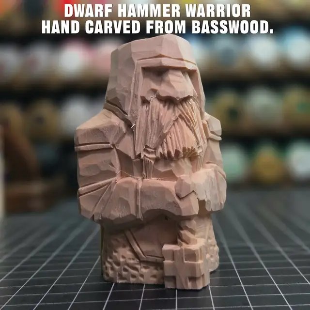 Hand Carved Hammer Dwarf, 4 inch tall 2x2 basswood block. Hand carved. #woodcarving #woodcarver #warcraft #fantasyartist #fantasyart 