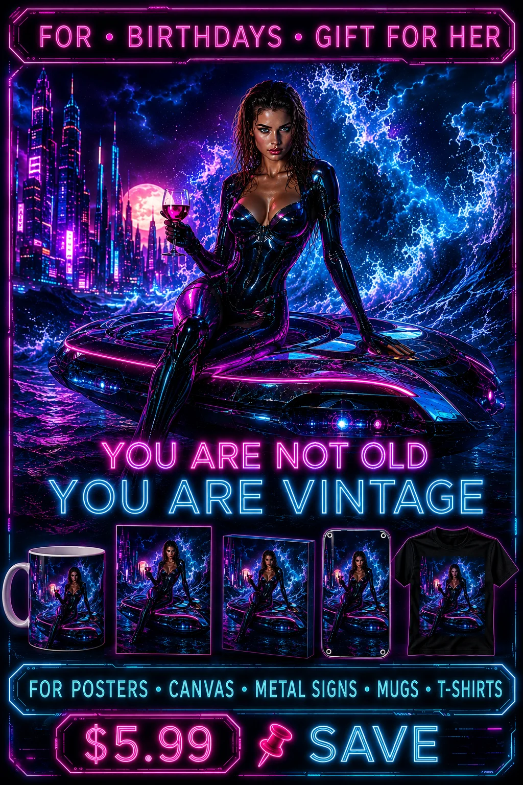 Funny 30 40 50 60 70 Birthday Gift For Her Cyberpunk Neon Vintage Quote Poster product image (1)