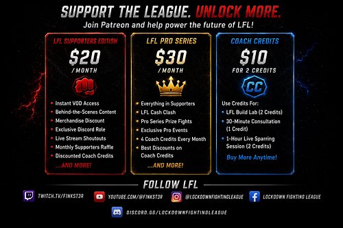 THE LFL PATREON IS NOW LIVE!

The Lockdown Fighting League is entering a new era.

Whether you want to support the league or ...