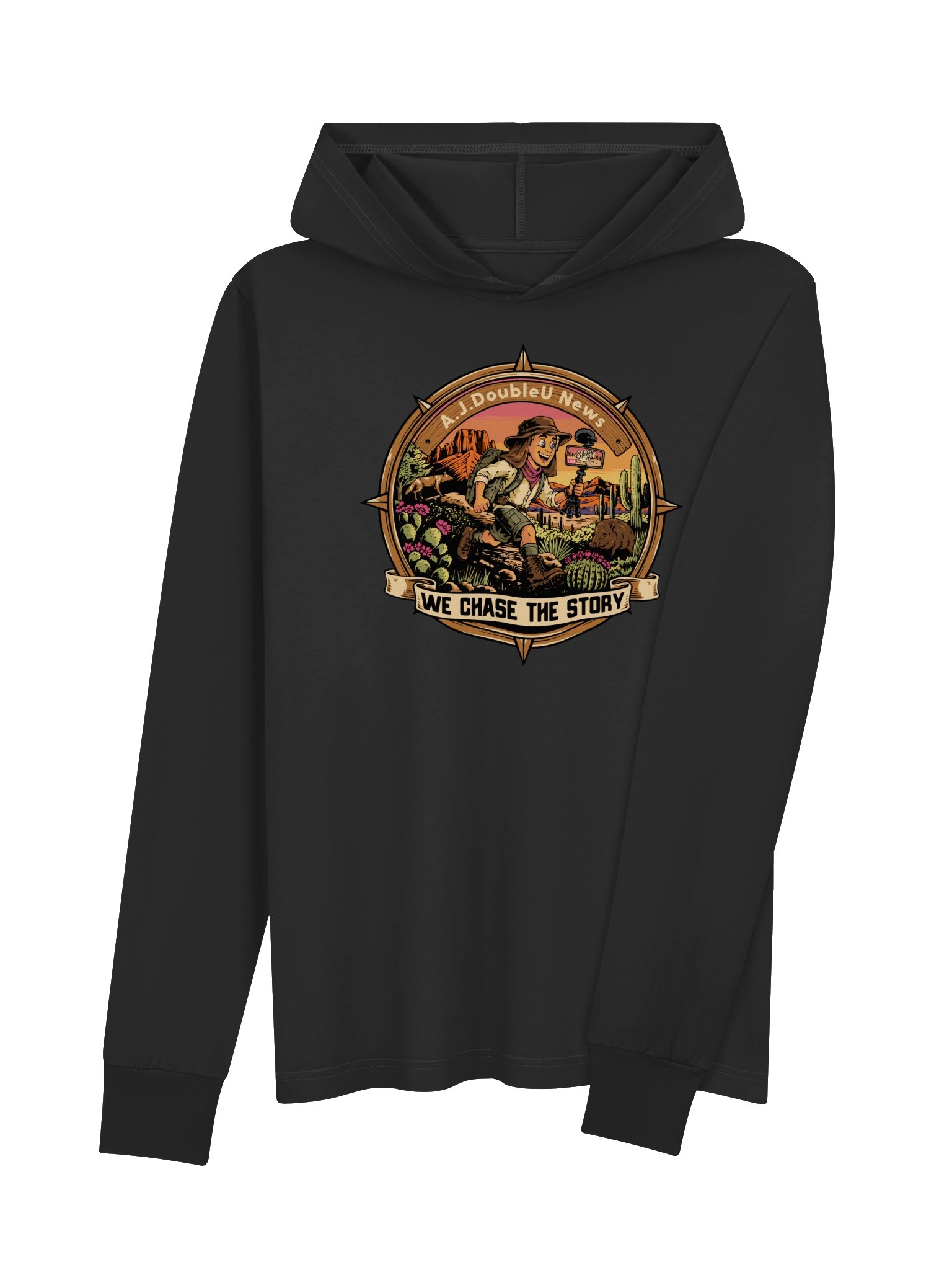 BLACK Long Sleeve T-Shirt With Hoodie - A.J. DoubleU News Adventure Badge product image (4)