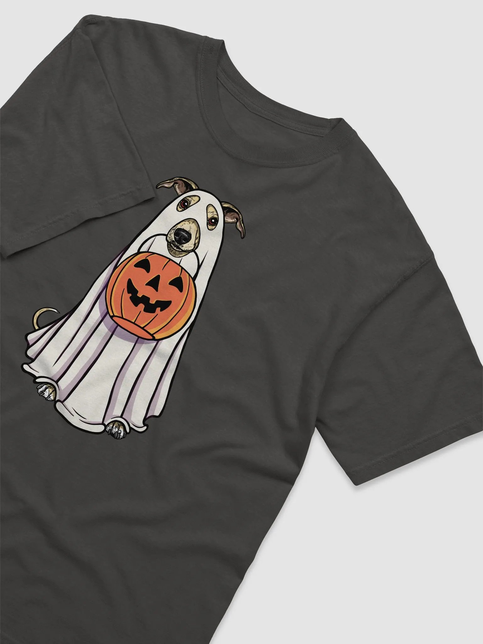 Funny Halloween Whippet(Fawn) T-Shirt | Funny Dog Wearing a Ghost Costume and Holding a Pumpkin Basket product image (6)