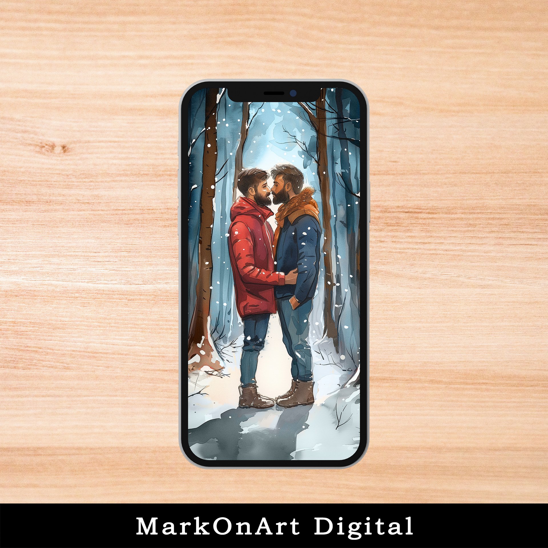 Romantic Gay Couple in the Snow Art For Mobile Phone Wallpaper or Lock Screen | High Res for iPhone or Android Cellphones product image (1)