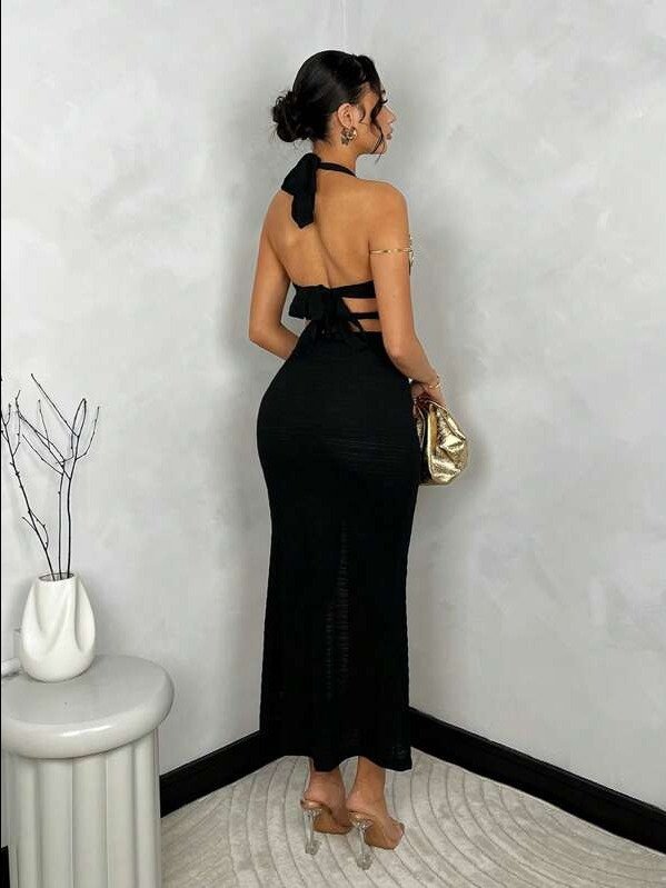 Women's Halterneck Hollow Out Backless Tie Waist High Slit Dress,Summer Dresses For Women product image (2)